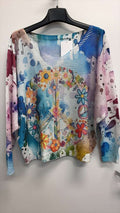 VISPEACEF Italian OS Floral Peace Sign Print Knit Sweater