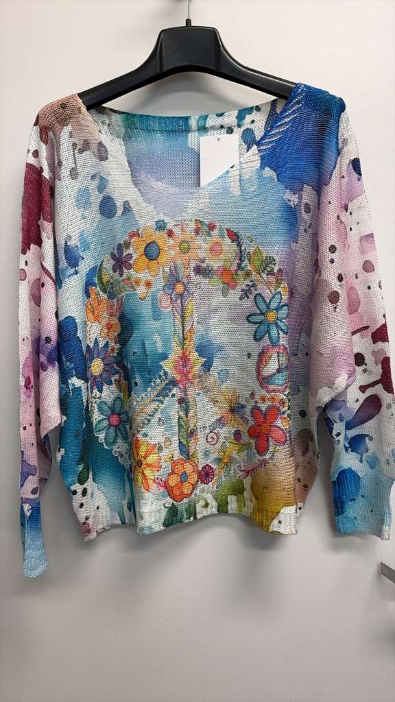 VISPEACEF Italian OS Floral Peace Sign Print Knit Sweater