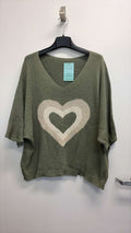 COSKTOH Italian OS Cotton Olive Heart Print V-Neck Knit Top