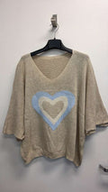 COSKTBBH Italian OS Cotton Beige Blue Heart V-Neck Knit Top