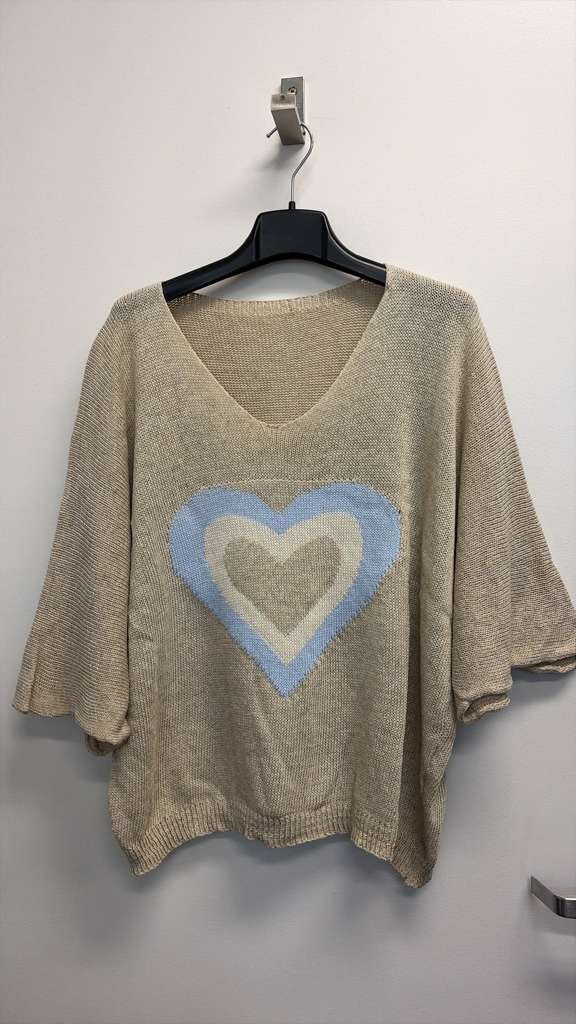 COSKTBBH Italian OS Cotton Beige Blue Heart V-Neck Knit Top