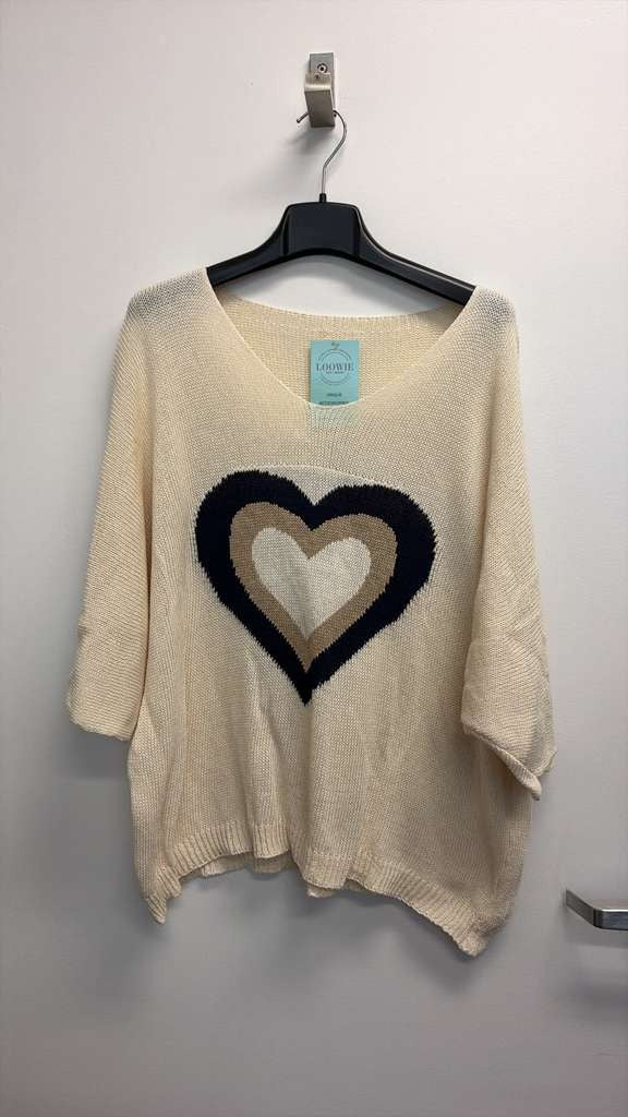 COSKTBBH Italian OS Cotton Ecru Black Heart V-Neck Knit Top