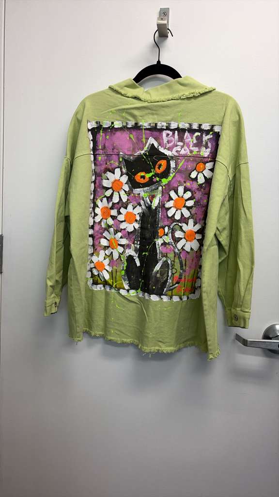 VIJHPG Italian OS Green Hand-Painted Cat Graphic Cotton Jacket