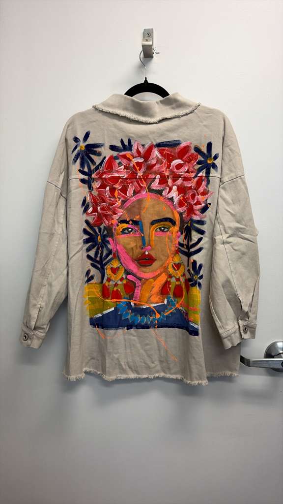 VIJHPBE Italian OS Beige Hand-Painted Portrait Cotton Jacket