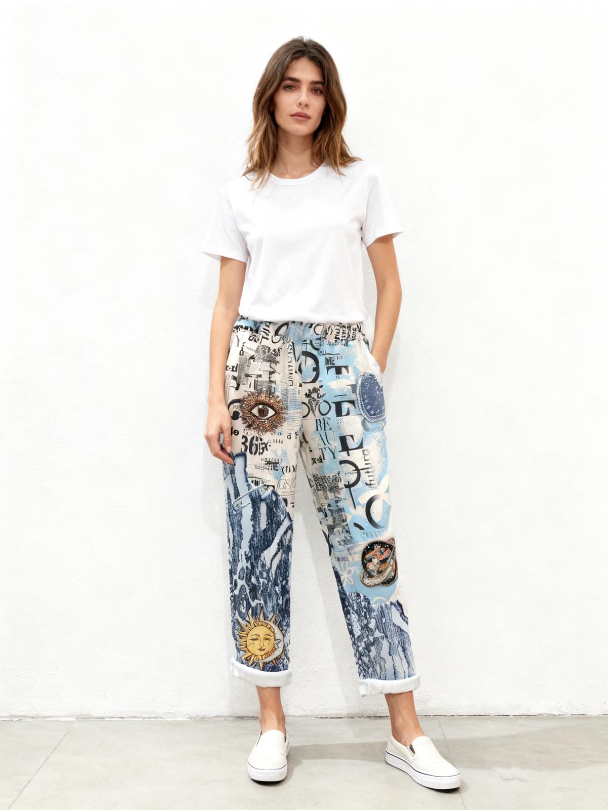 VISRPPBL Italian OS Blue Patchwork Print Rolled Pants