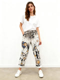 VISRPBE Italian OS Beige Multi Print Rolled Pants