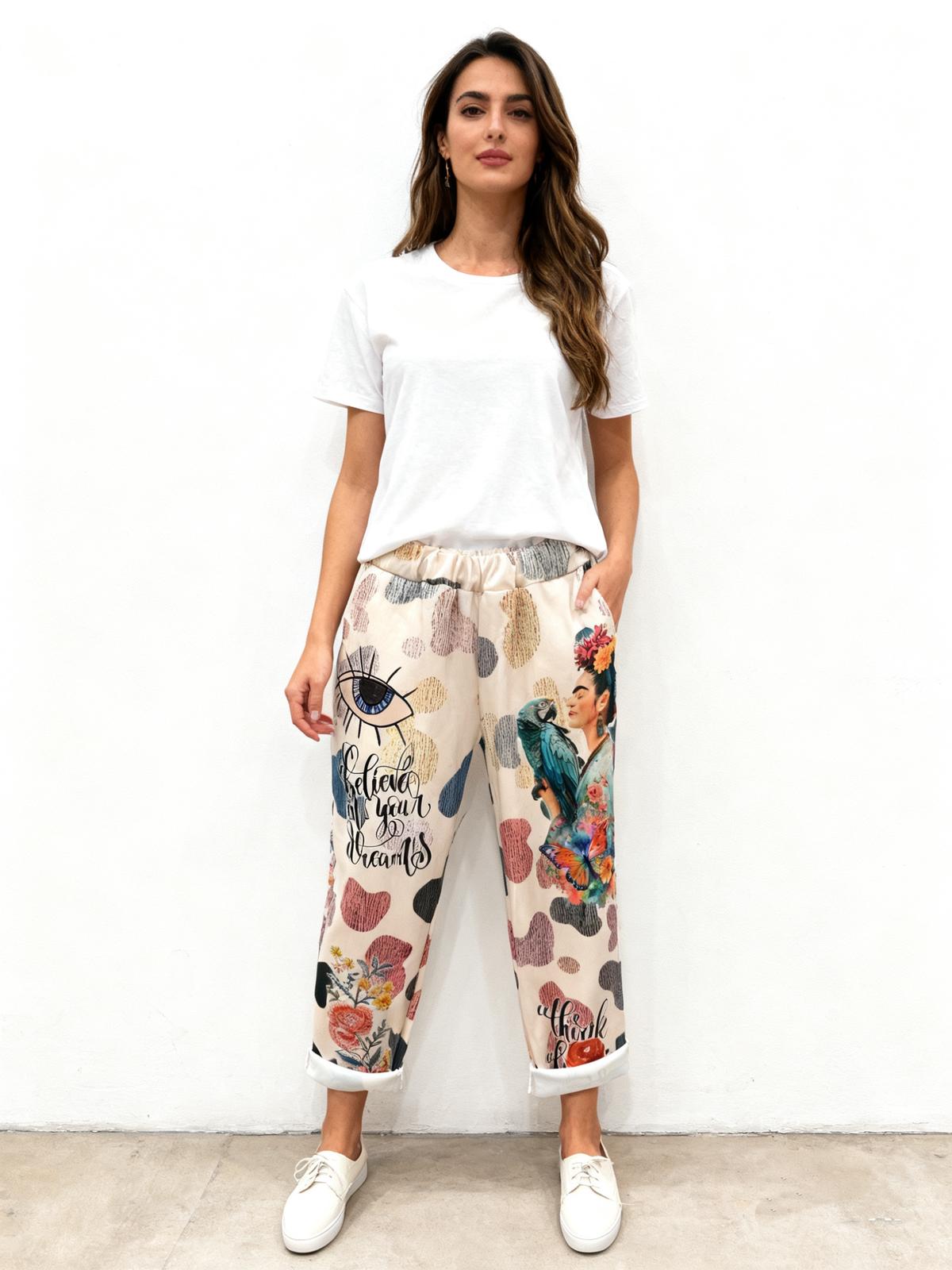 VISRPARBE Italian OS Beige Artistic Print Rolled Pants