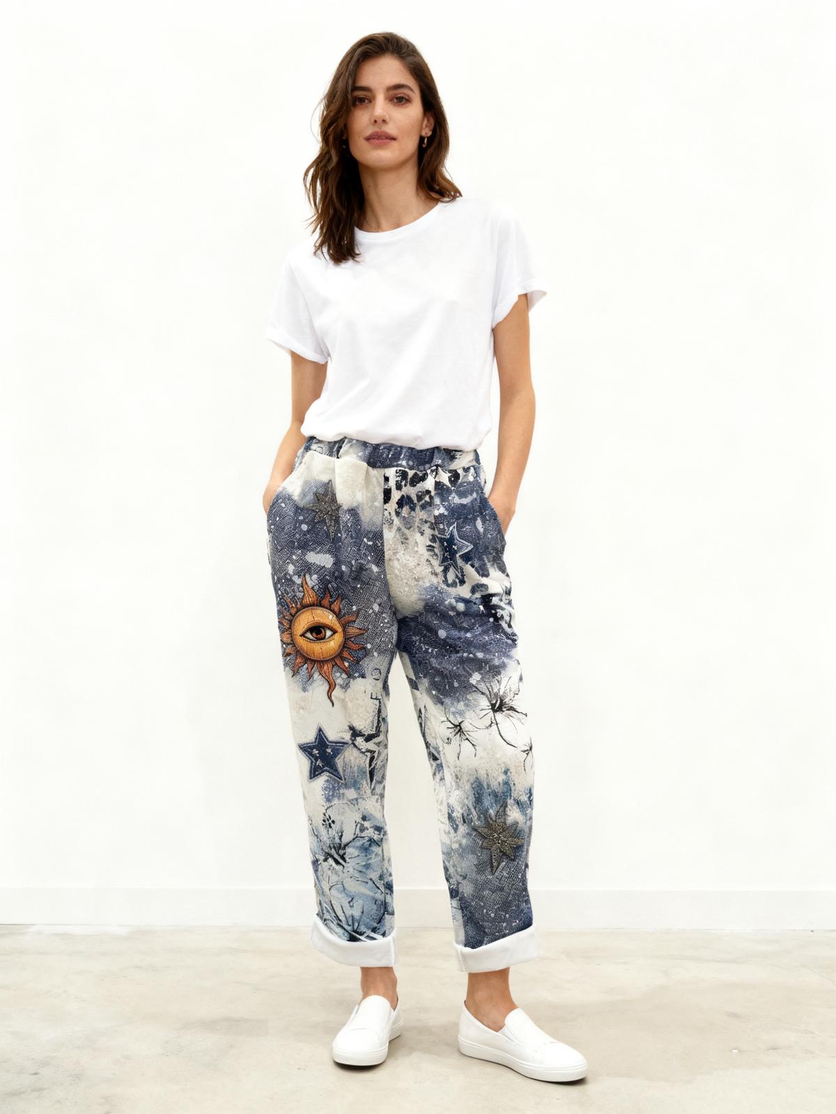 VISRPBLSSG Italian OS Blue Sun Star Graphic Print Pants