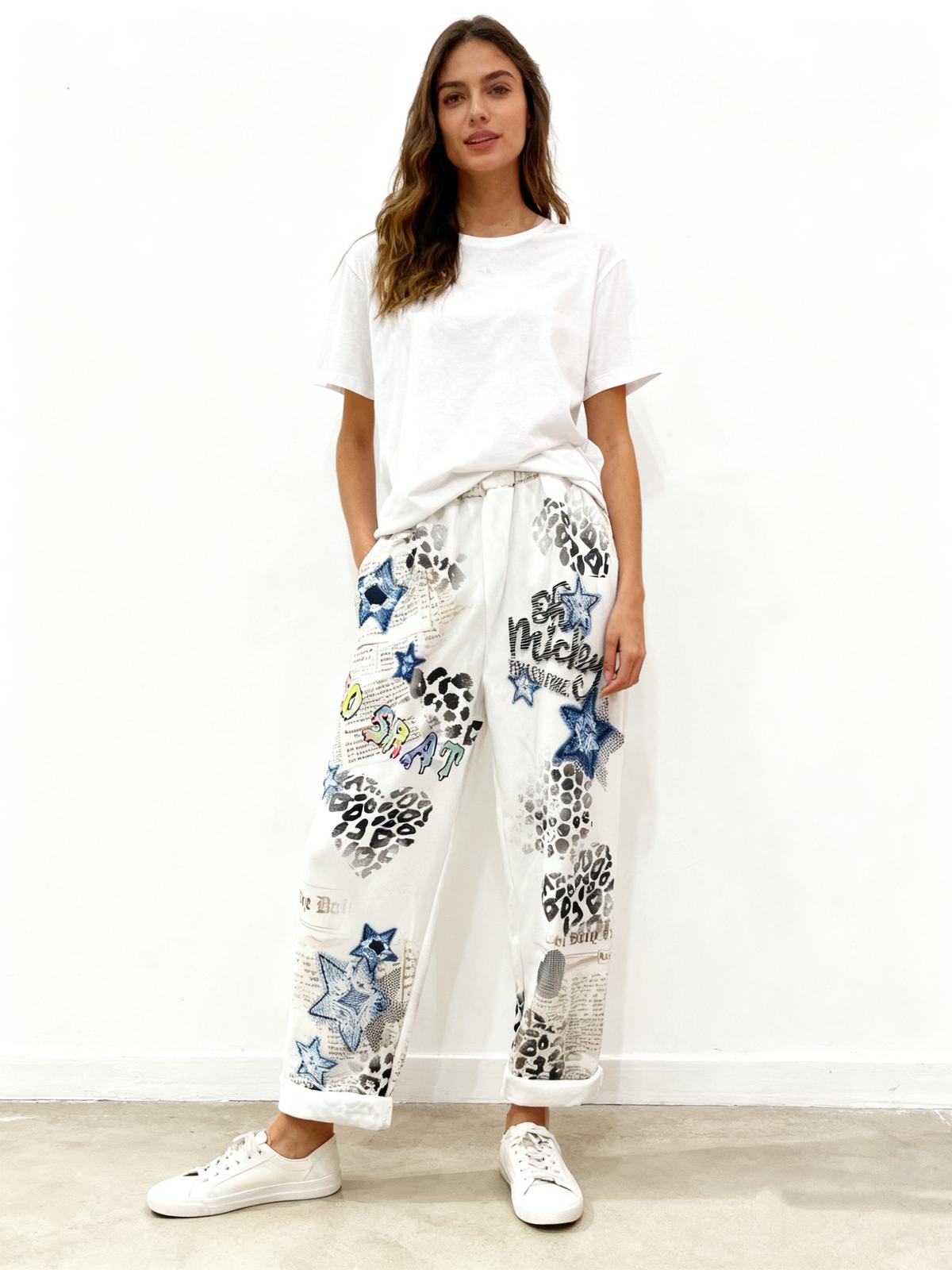 VISRPWHSLT Italian OS White Star Leopard Text Print Pants