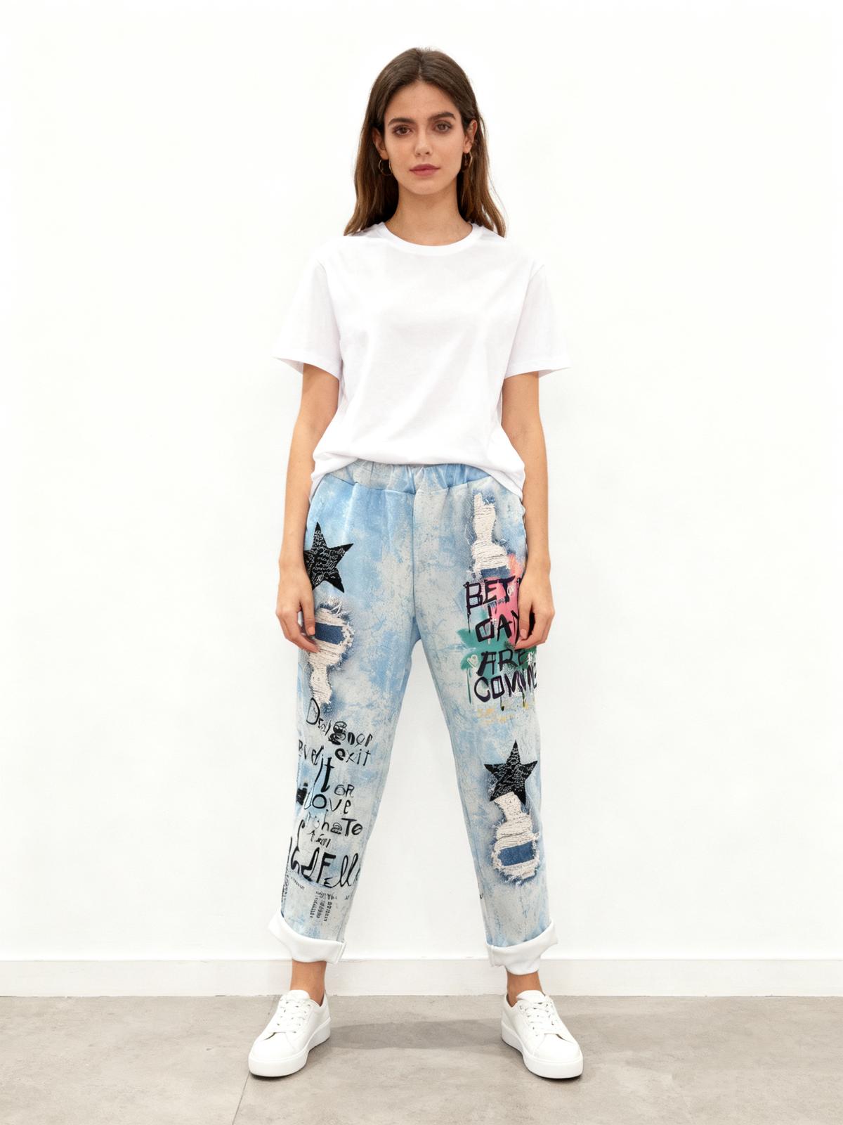 VISRPLBSG Italian OS Light Blue Star Graffiti Print Pants