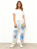 VISRPBLFSG Italian OS Blue Flower Smile Graphic Print Pants