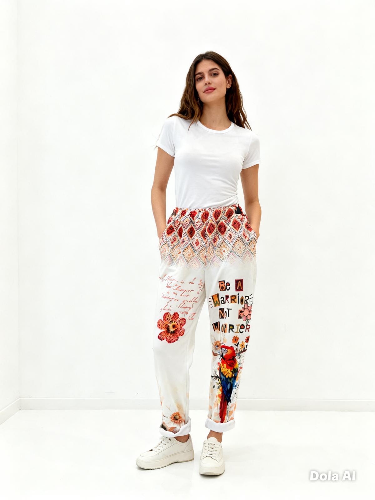 VISRPBEBPSP Italian OS Beige Boho Parrot Slogan Print Pants