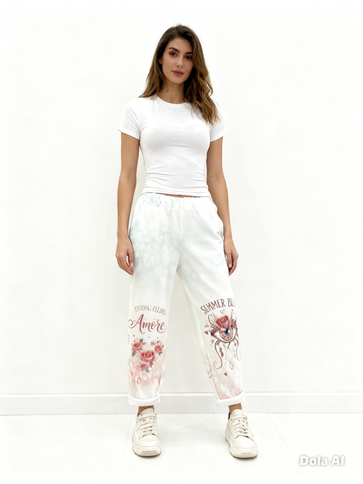 VISRPWHRASP Italian OS White Rose Amore Script Print Pants