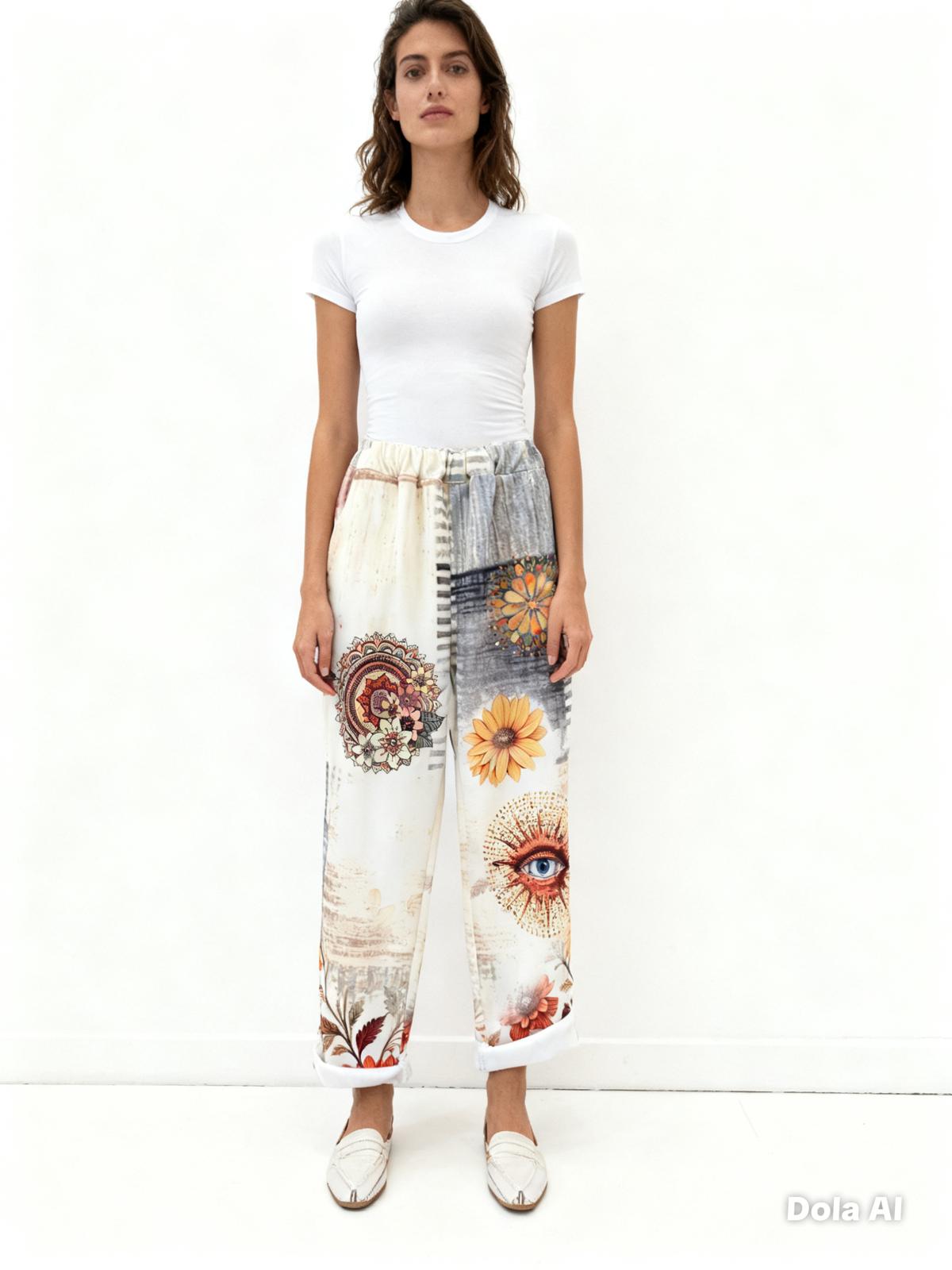 VISRPBEPEFPP Italian OS Beige Patchwork Eye Floral Print Pants