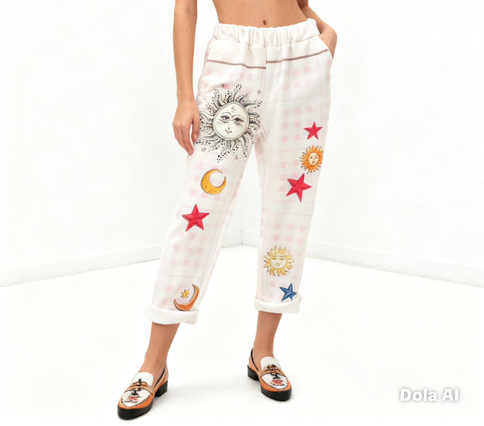 VISRPWHSMS Italian OS White Sun Moon Star Print Pants