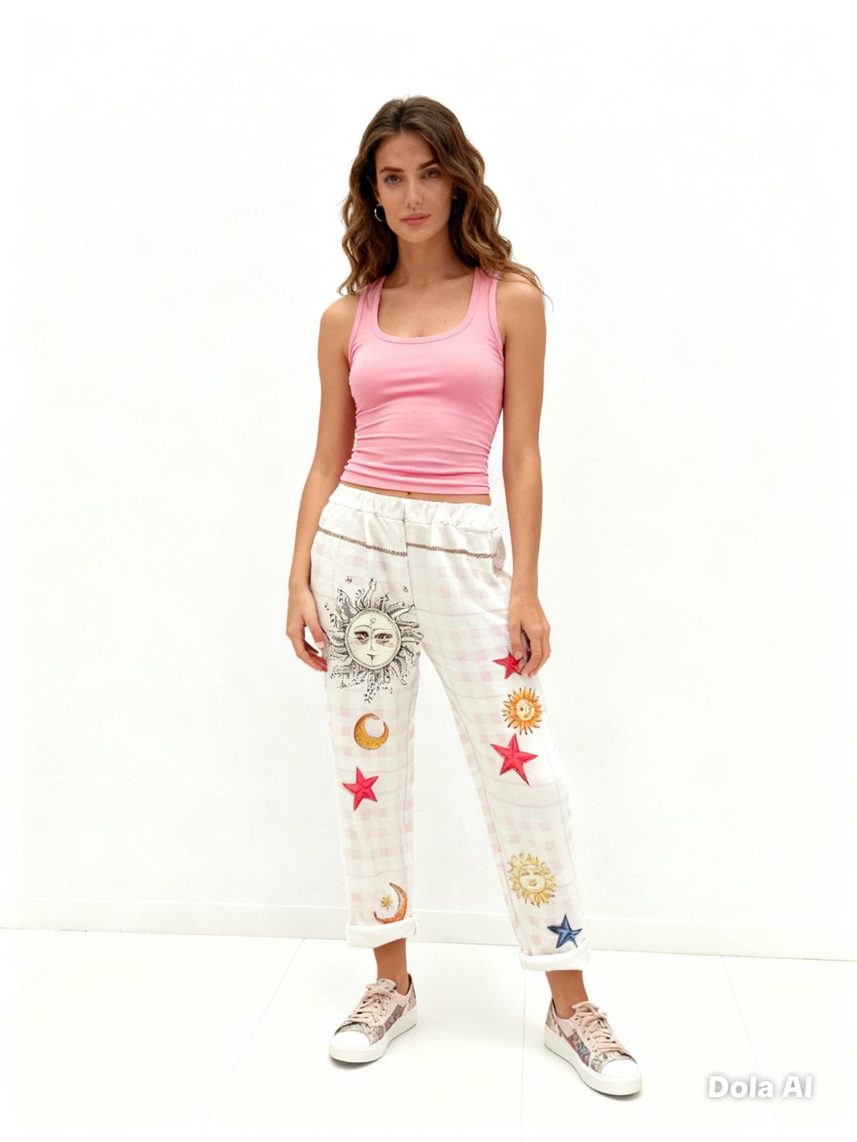VISRPWHSMSCP Italian OS White Sun Moon Star Check Print Pants