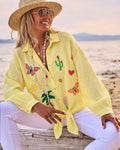 SWGCYBC Italian OS Yellow Gauze Cotton Butterfly Cactus Shirt