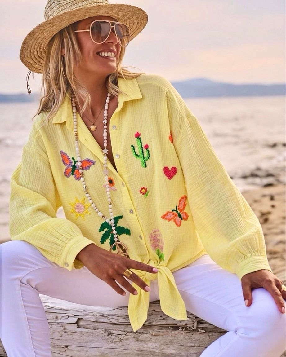 SWGCYBC Italian OS Yellow Gauze Cotton Butterfly Cactus Shirt