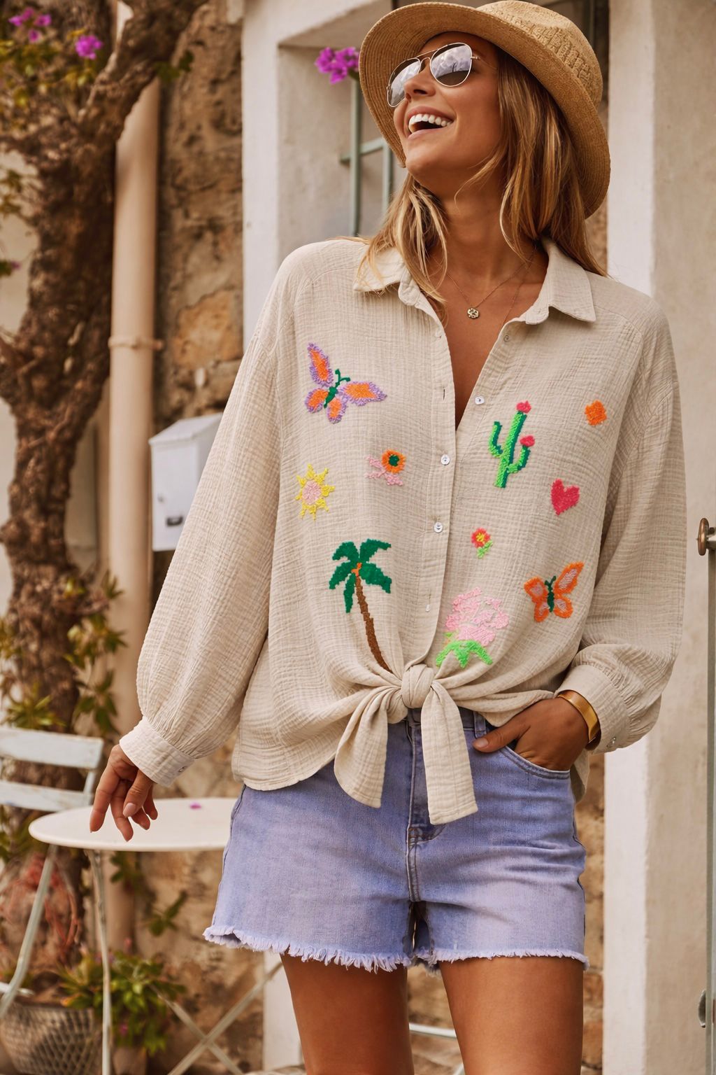SWGCBECB Italian OS Beige Gauze Cotton Butterfly Cactus Shirt
