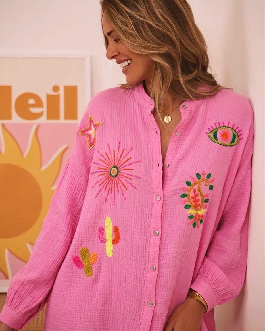 SWGCPESCS Italian OS Pink Gauze Cotton Eye Sun Cactus Shirt
