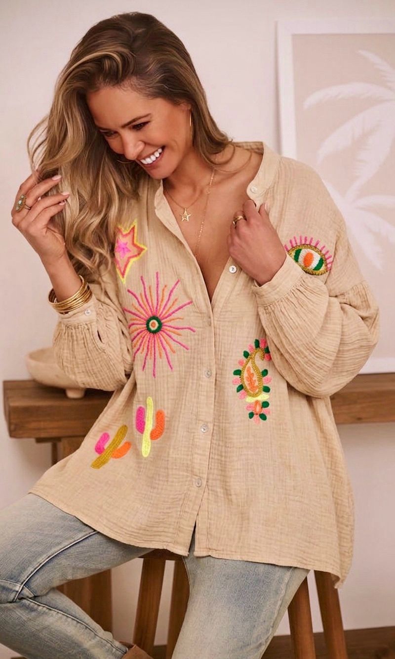 SWGCBEESS Italian OS Beige Gauze Cotton Eye Sun Shirt
