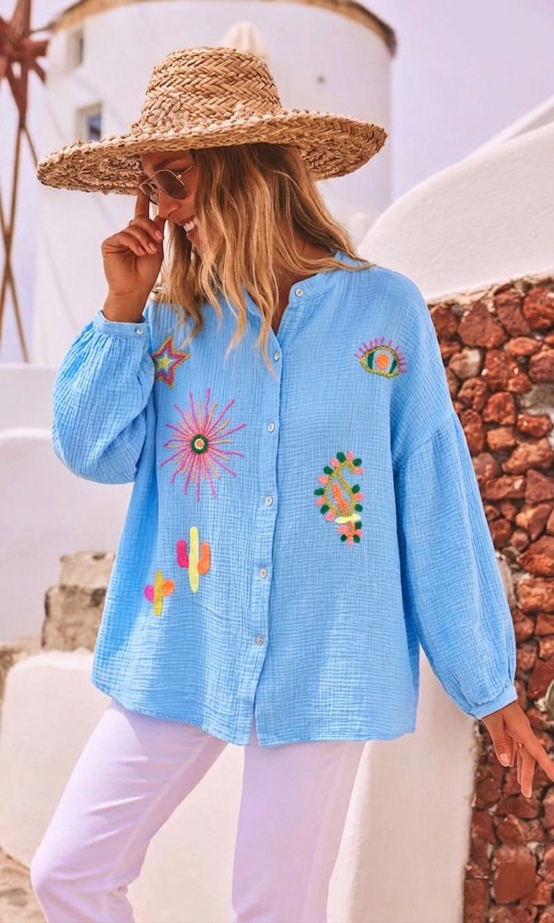 SWGCBLSSM Italian OS Blue Gauze Shirt Sunburst Motif
