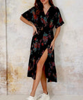 SWWMDBKF Italian OS Black Floral Gauze Cotton Wrap Dress
