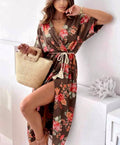 SWWMDBRF Italian OS Brown Floral Gauze Cotton Wrap Dress