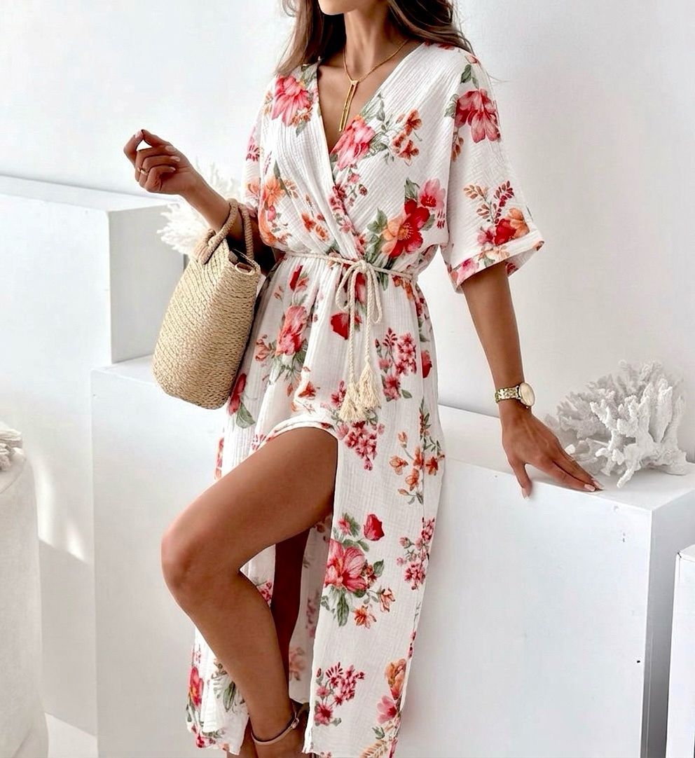 SWWMDWHF Italian OS White Floral Gauze Cotton Wrap Dress