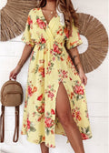 SWWMDYLF Italian OS Yellow Floral Gauze Cotton Wrap Dress
