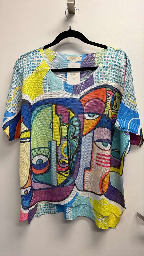 VISCEBY Italian OS Cubist Eyes Blue & Yellow Knit Sweater