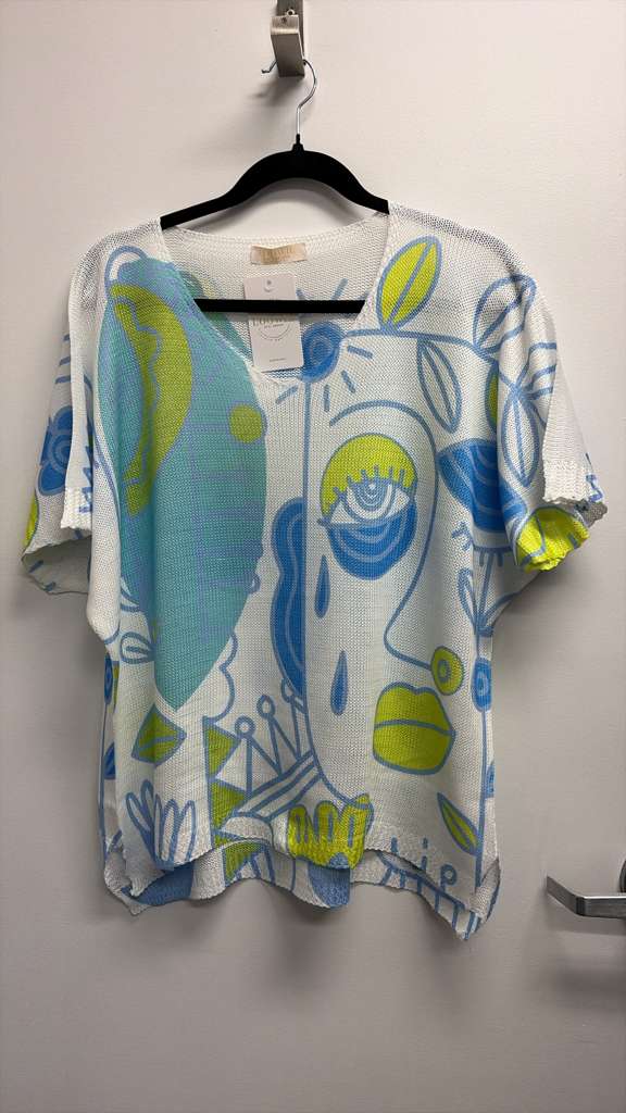 VISLAEBL Italian OS Line Art Eye Blue & Lime Knit Sweater