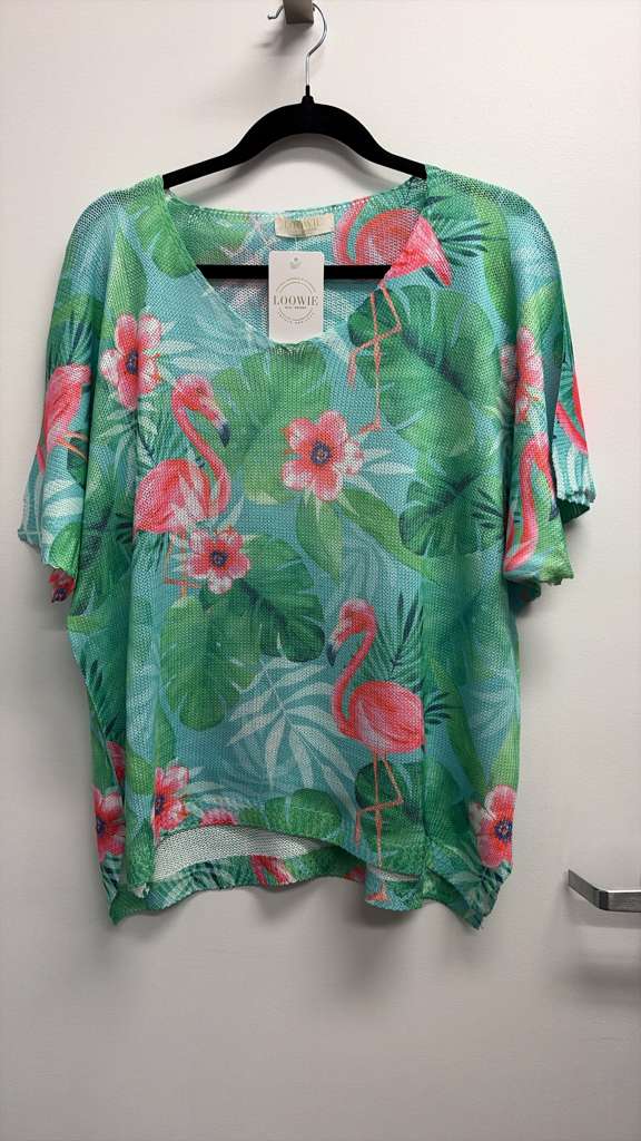 VISFLTT Italian OS Flamingo Tropical Teal Knit Sweater