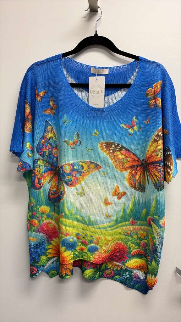 VISBUTRFGB Italian OS Butterfly Garden Blue Knit Sweater