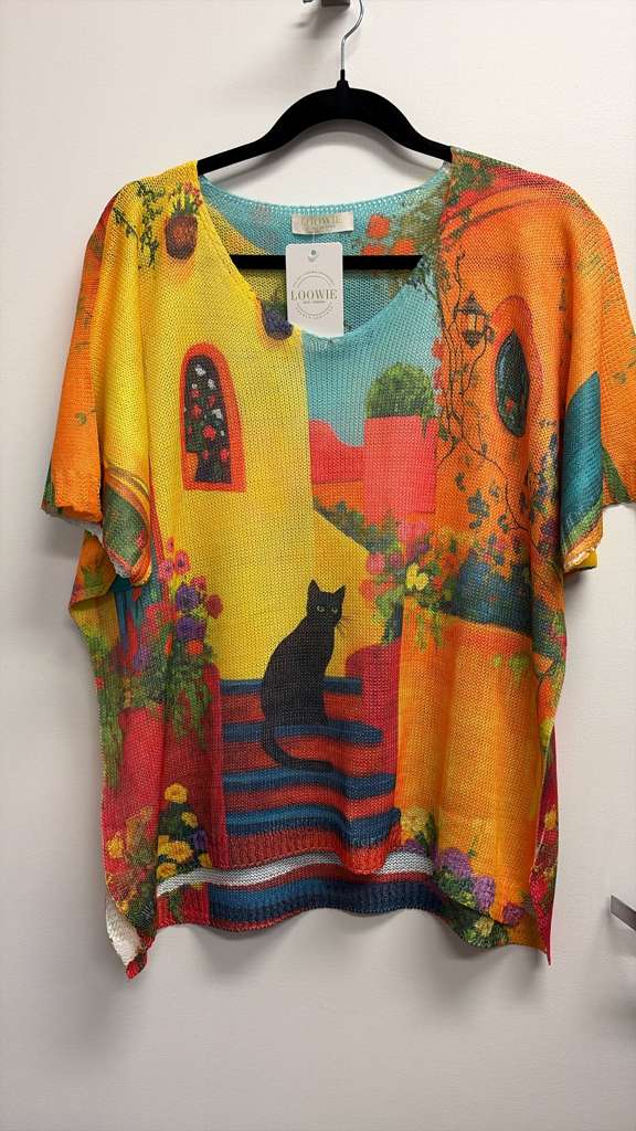 VISBKCVS Italian OS Black Cat Village Scene Knit Sweater