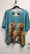 VISFCTPK Italian OS Funny Cats Teal Print Knit Sweater