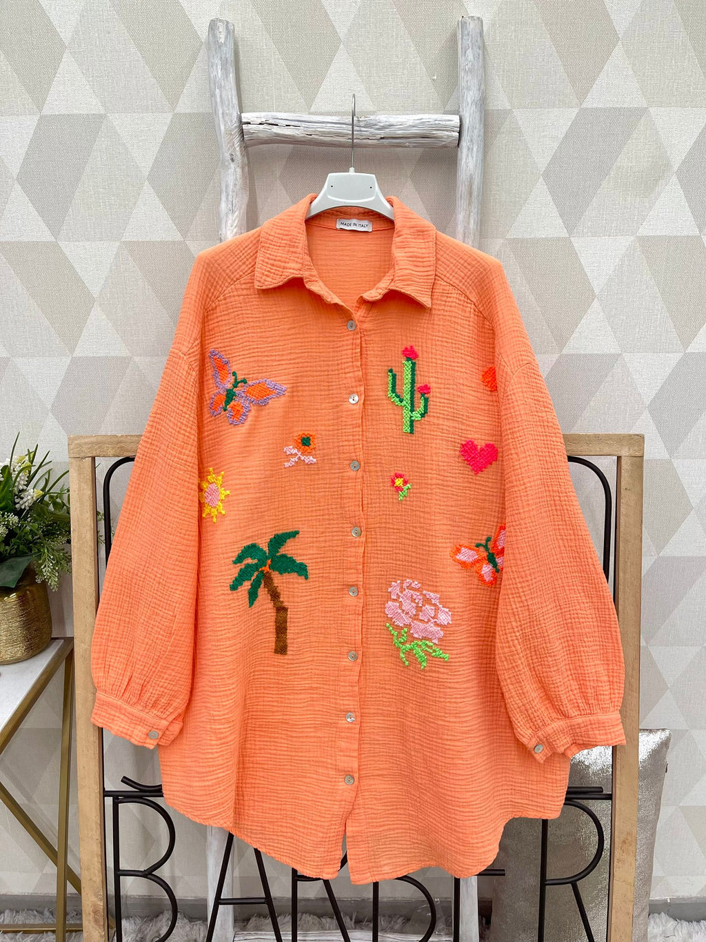 SWGCORBC Italian OS Orange Gauze Cotton Butterfly Cactus Shirt