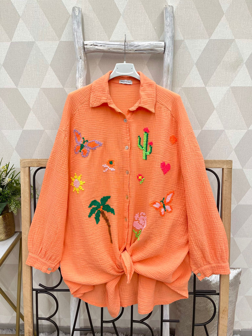 SWGCORBC Italian OS Orange Gauze Cotton Butterfly Cactus Shirt