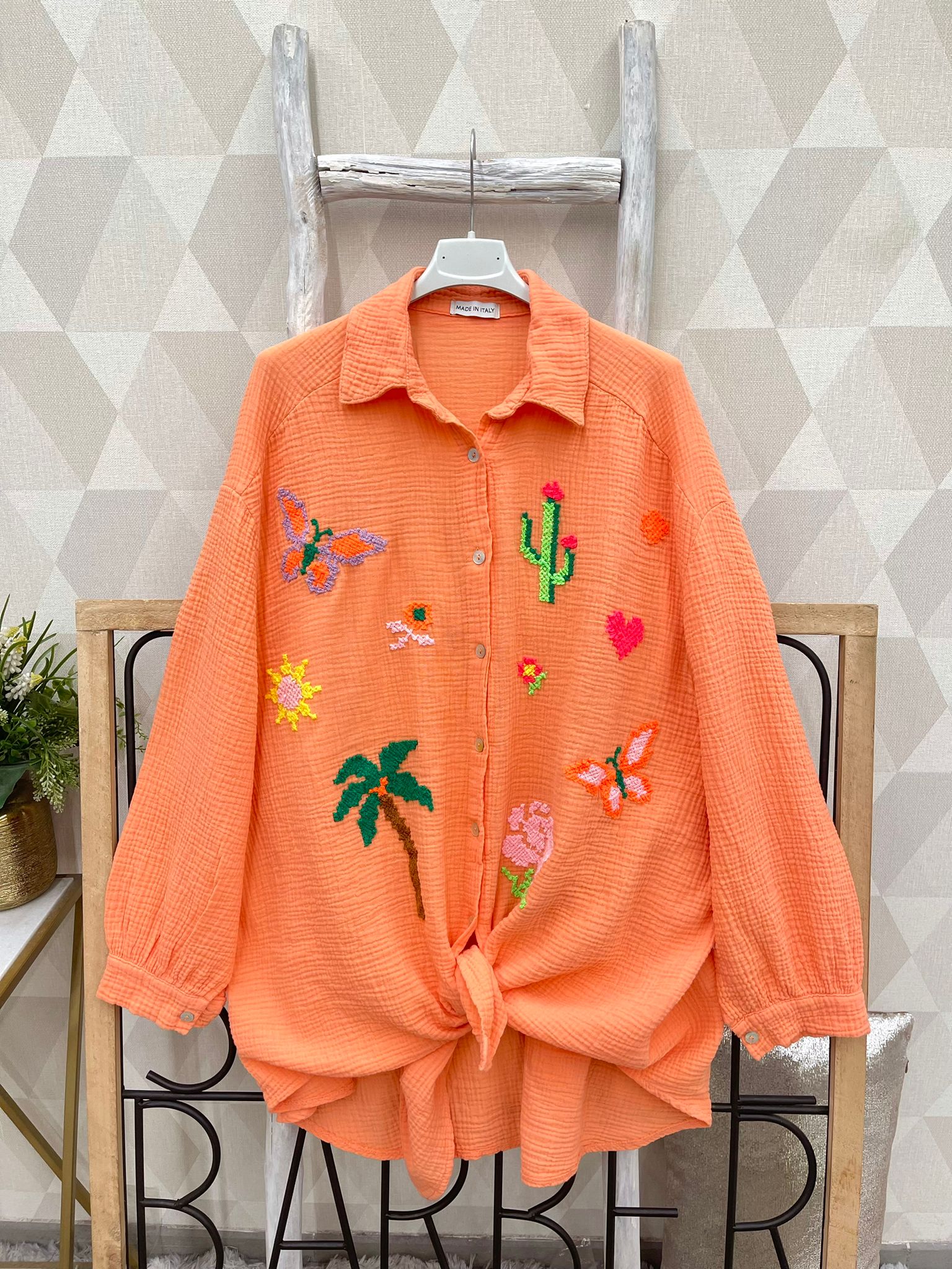 SWGCORBC Italian OS Orange Gauze Cotton Butterfly Cactus Shirt