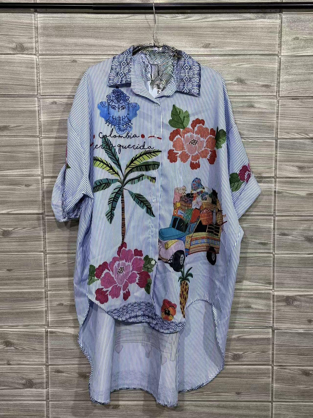 ZOPSSCY Printed Striped Shirt Cyan