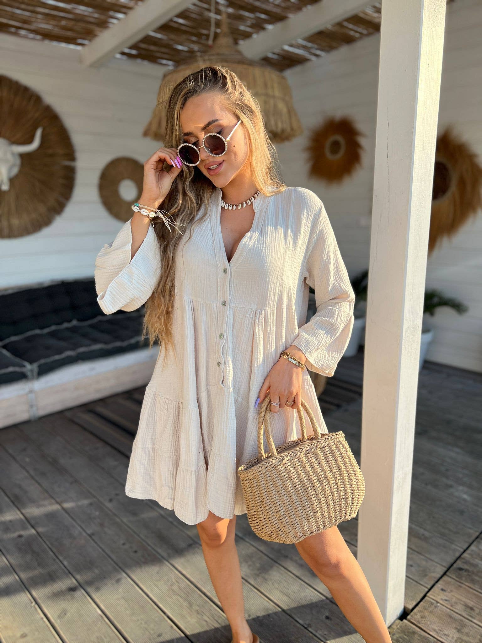 SW160 Beige Gauze Cotton Italian Short Dress 3/4 Sleeves