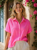 IVA283FU Gauze Cotton Heart Embroidered Shirt Fuchsia