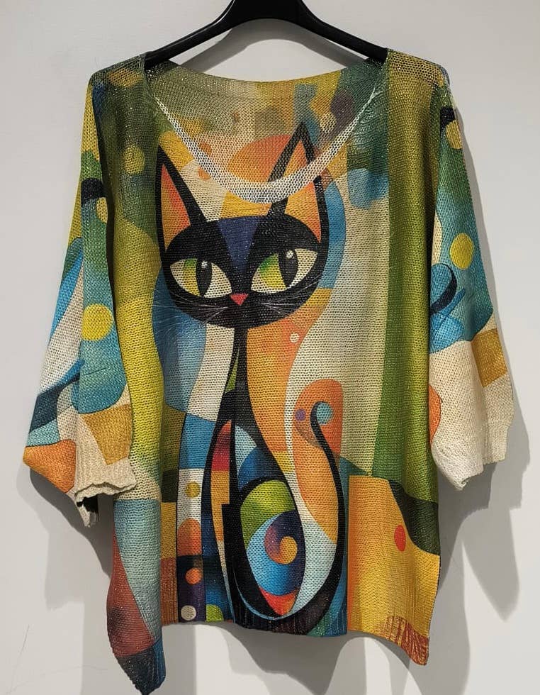 POCATG Black Cat Knit Printed Sweater 3/4 sleeves