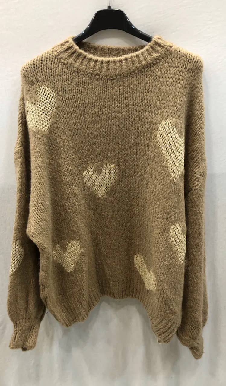 558 Hearts One Size Warm Camel Sweater Round Neck LOOWIE