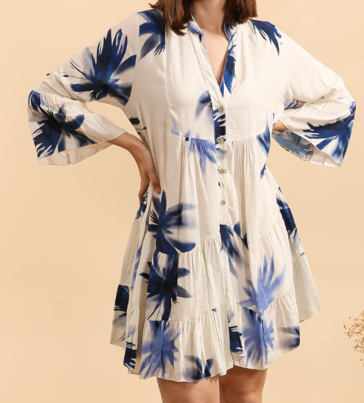 9802FB Blue Floral Tiered Short Dress 3/4 Sleeves LOOWIE