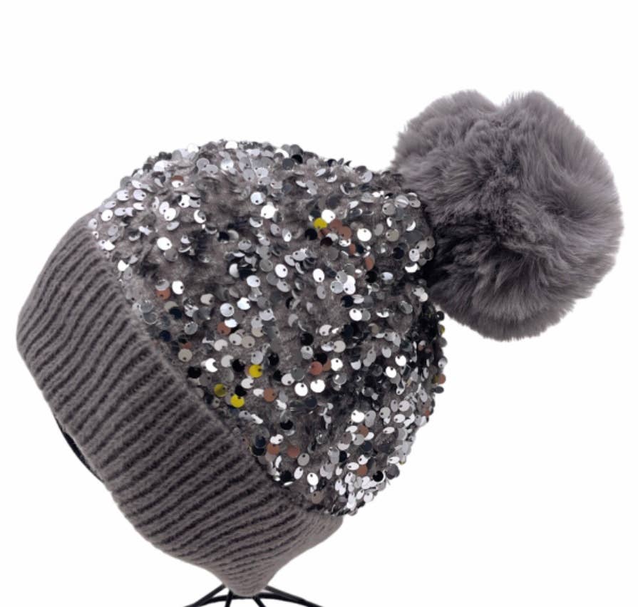 Silver 92-9 Sequins Fake Fur Pom Beanie Hat LOOWIE