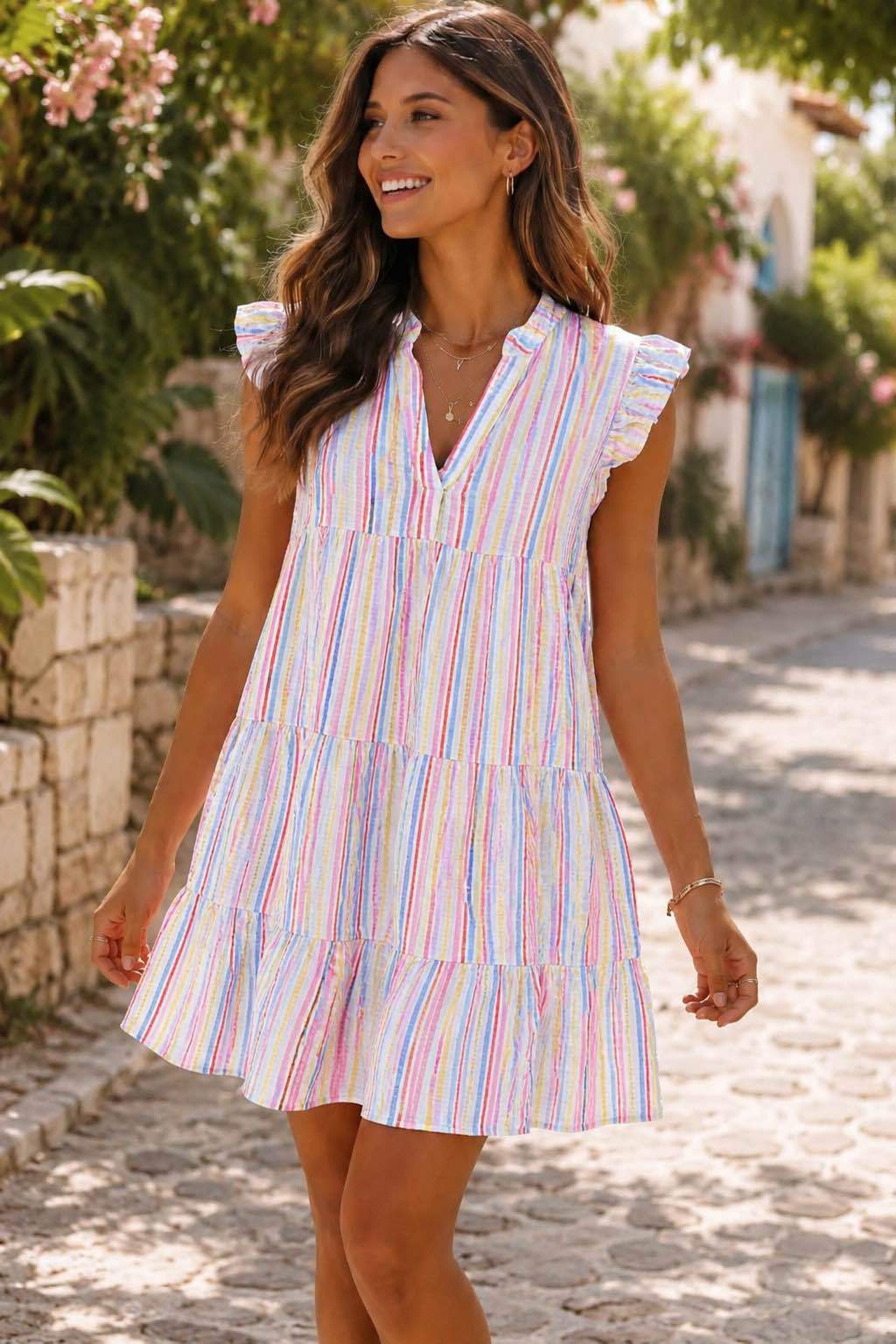 IV2541213BL Gauze Cotton Striped Dress Blue