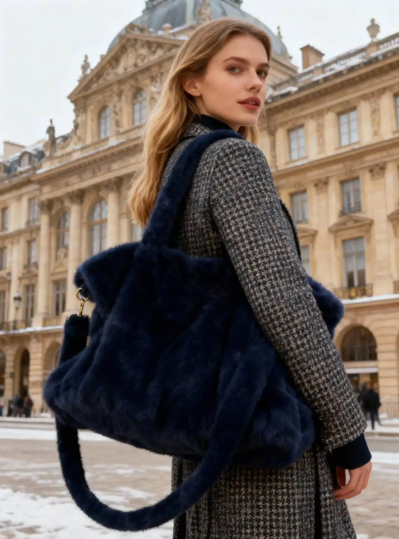 MCFBNY Navy Faux Fur Fun Bag with Double Handle