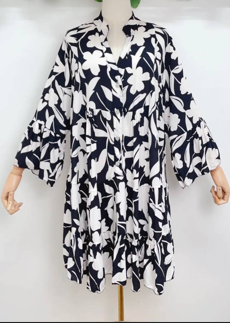 SVI9 Black One Size Italian Floral Short Printed Dress