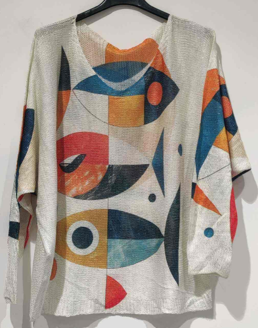 POABS Cream Abstract Knit Printed Sweater LOOWIE